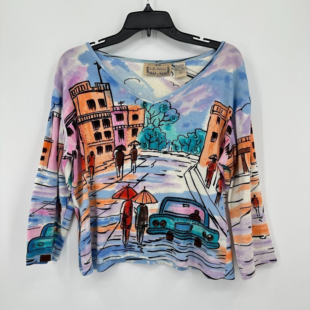 Vintage Life Style Tshirt Womens M Blue Purple‎ Art Piece Watercolor Jewels Y2K